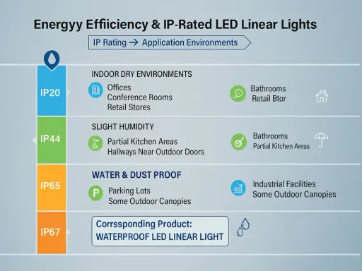 Tableau comparatif des ampoules LED linéaires : l'ampoule IP20 est idéale pour les environnements secs comme les bureaux.