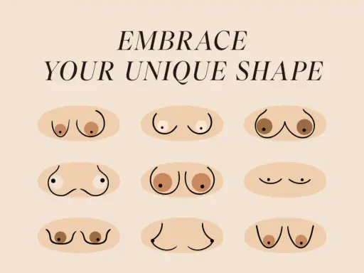Illustrazione di nove seni di varie forme e dimensioni, da un tettone a punta a seni più arrotondati, con il testo "EMBRACE YOUR UNIQUE SHAPE".