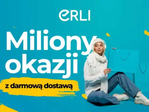 Erli co to? Miliony okazji z darmową dostawą. Młoda kobieta w zimowym stroju siedzi z torbami na zakupy.