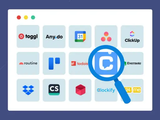 Loupe sur des icônes d'applications pour l'organisation de la vie quotidienne : Toggl, Any.do, ClickUp, Evernote, Dropbox, etc.