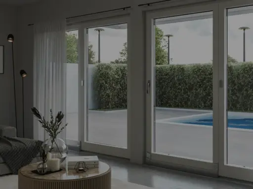 Soggiorno moderno con grandi vetrate che si affacciano su una piscina. L'isolamento acustico garantisce tranquillità.
