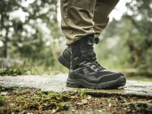 Czarne, wysokie buty na wycieczki w góry, z membraną HydroGuard, gotowe na deszczową pogodę i trudny teren.