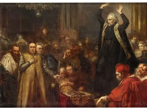 Piotr Skarga wygłasza płomienną mowę do zgromadzonych dostojników.