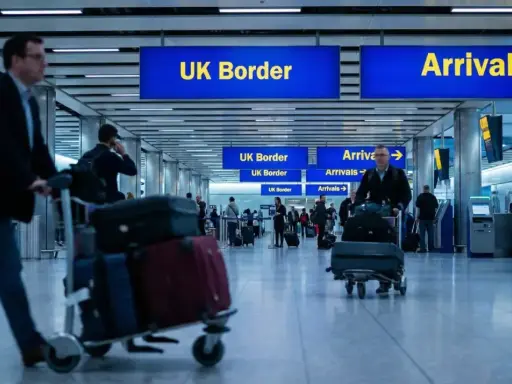 Podróżni z bagażami na lotnisku, kierujący się do UK Border. Zastanawiają się, ile alkoholu do UK mogą przywieźć.