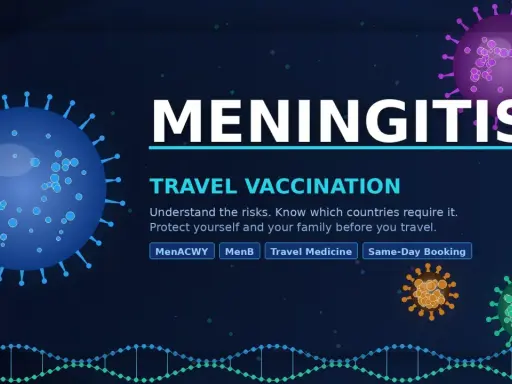 Grafik visar virus och text om resevaccination mot epidemisk hjärnhinneinflammation. Skydda dig själv och familjen.