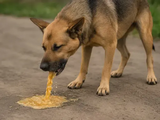 Smutny pies wymiotuje żółtą cieczą. Widać, że jest mu bardzo źle.