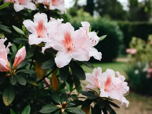 Magnifique floraison d'azalées roses pâles, leurs pétales délicats s'ouvrant sur un jardin verdoyant.