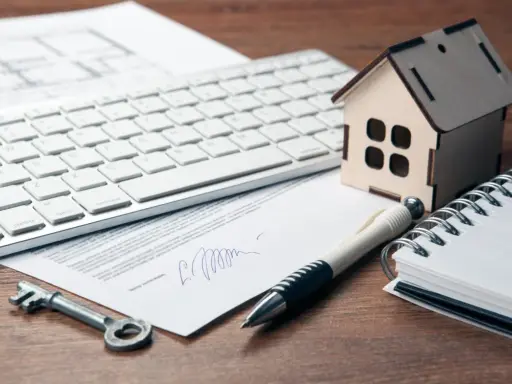 Clé, stylo, maison en bois, clavier et documents sur un bureau. Préparation de la résiliation assurance habitation.