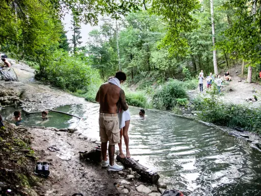 Persone si rilassano nelle acque termali dei Bagni di San Filippo, immersi nel verde di un bosco.