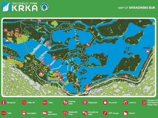 Mapa Parku Narodowego Krka, ukazująca sieć szlaków, wodospady i punkty widokowe.