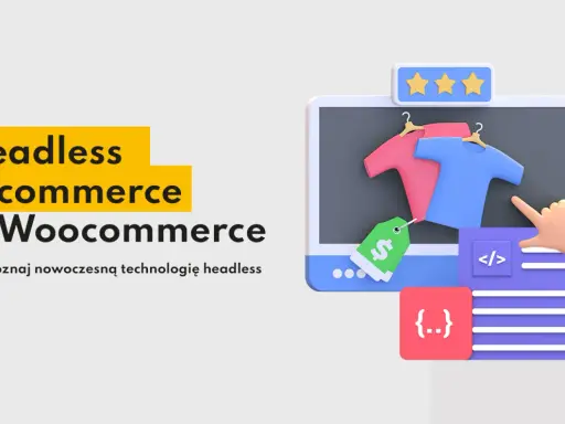 Grafika ilustruje koncepcję headless e-commerce w WooCommerce. Widzimy ekran z koszulkami, etykietą cenową i ikoną kodu, symbolizującą nowoczesne technologie.