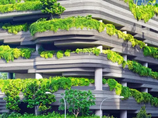 Edificio ecológico con balcones curvos cubiertos de exuberante vegetación verde, creando un oasis urbano.