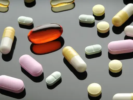 Varie pillole e capsule colorate, tra cui una grande capsula arancione trasparente. Un'immagine che fa riflettere sulla terapia biologica cos'è.