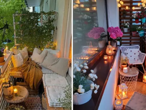 Ambiance cosy sur un balcon : coussins moelleux, plaid douillet, guirlandes lumineuses et bougies pour une déco été à faire soi-même.