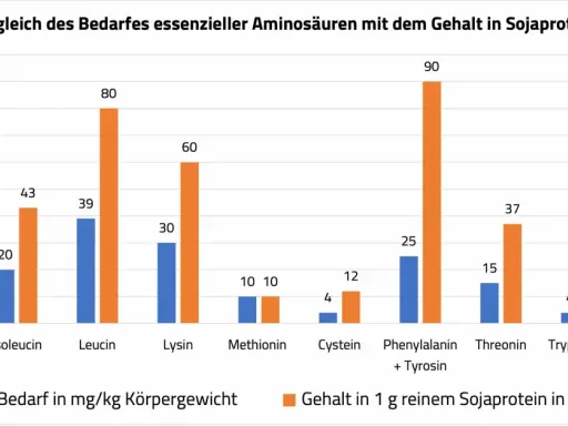 Balkendiagramm zeigt Bedarf vs. Gehalt essenzieller Aminosäuren in Sojaprotein. Die hohe biologische Wertigkeit von Soja wird durch den Vergleich von Bedarf und Gehalt verdeutlicht.