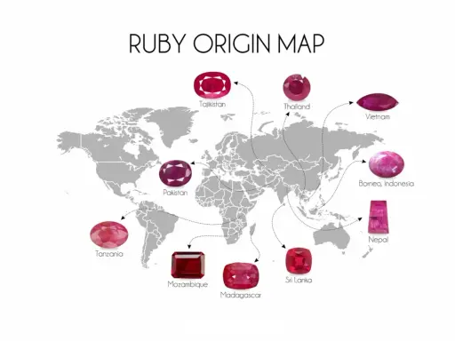 Mappa delle origini dei rubini, con gemme di un intenso rubino rosso provenienti da Tanzania, Mozambico, Madagascar, Sri Lanka, Pakistan, Tagikistan, Thailandia, Vietnam, Borneo e Nepal.