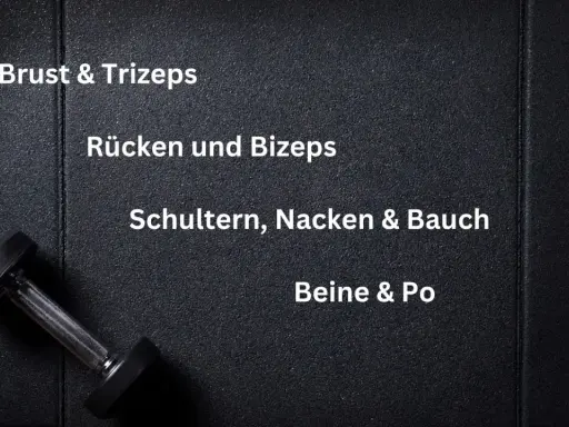 Ein Hantel liegt auf schwarzem Untergrund. Text zeigt einen 4er split trainingsplan: Brust & Trizeps, Rücken und Bizeps, Schultern, Nacken & Bauch, Beine & Po.