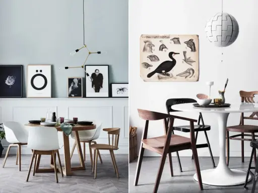 Två moderna matplatser hemma hos inredningsarkitekten. En med runt träbord och vita stolar, den andra med vitt tulipbord och blandade stolar.