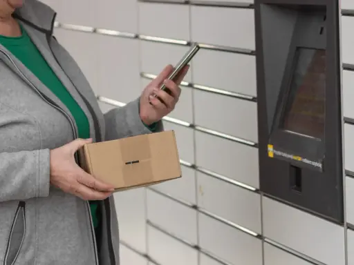 Kobieta z telefonem i paczką InPost przy automacie. Weryfikacja paczki InPost przebiega sprawnie.