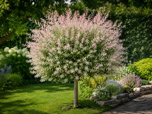 Un saule crevette aux feuilles roses et vertes, taillé en boule, trône dans un jardin verdoyant avec une pelouse bien entretenue.