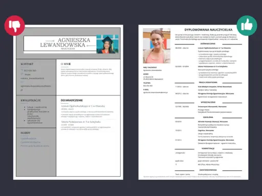 Zdjęcie przedstawia fragmenty dwóch CV: jedno z lewej strony z danymi kontaktowymi i kwalifikacjami, drugie z prawej z danymi osobowymi, doświadczeniem i wykształceniem.
