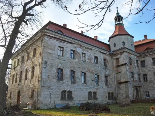 Zniszczony zamek w Ząbkowicach Śląskich z wieżą i czerwonym dachem, otoczony drzewami.