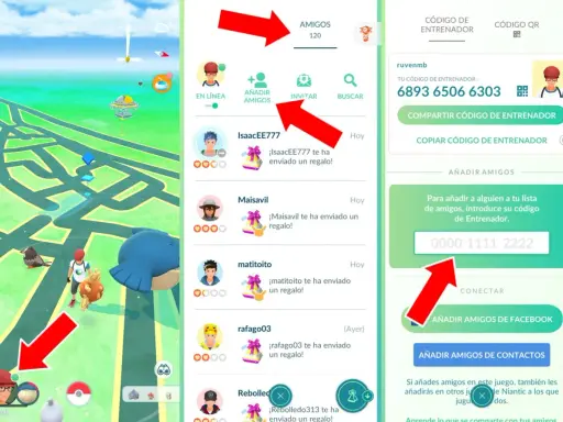 Gra Pokémon Go, ekran z listą znajomych i kodem trenera. Gracze wymieniają się prezentami, budując relacje w grze.