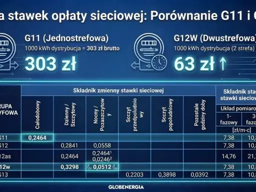 Porównanie taryfy G11 i G12w: G11 kosztuje 303 zł, G12w 63 zł za 1000 kWh. Tabela stawek sieciowych.