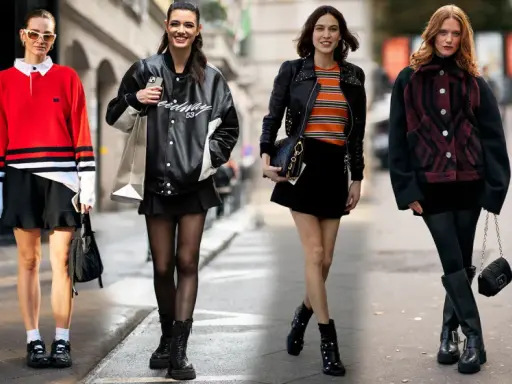 Moda invernale: outfit con gonna nera corta, giacche in pelle e stivali.