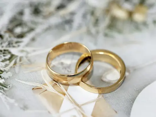 Due fedi dorate intrecciate su uno sfondo delicato. Pensare a cosa incidere sulle fedi è un passo importante per personalizzare questo simbolo d'amore.