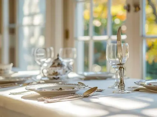 Une table dressée avec élégance, des verres et une théière en porcelaine. Le couteau est posé sur le verre, une astuce pour savoir comment poser les couverts après le repas.