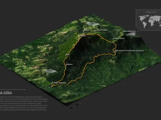 Trójwymiarowa mapa Babiej Góry z zaznaczonymi szlakami. Pogoda na górze bywa zmienna, jak opowiadają legendy.