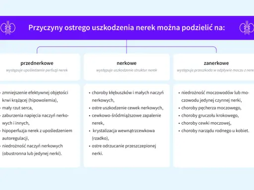 Przyczyny ostrego uszkodzenia nerek: przednerkowe (upośledzenie perfuzji), nerkowe (uszkodzenie struktur) i zanerkowe (przeszkoda w odpływie moczu).
