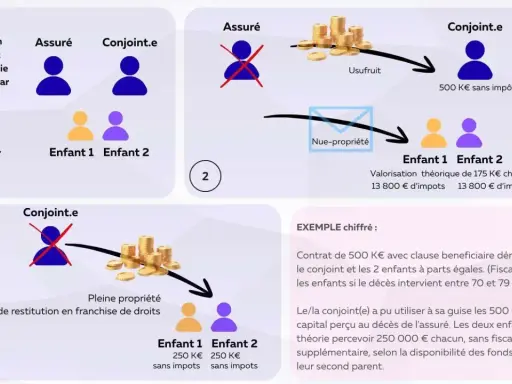 Schéma illustrant une clause de démembrement en assurance vie : l'usufruit va au conjoint, la nue-propriété aux enfants. Exemple chiffré.