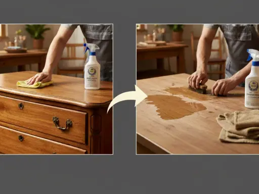 Demostración de como limpiar un armario de madera. Un hombre limpia un mueble de madera con un paño y luego usa un cepillo y producto para restaurar su brillo.