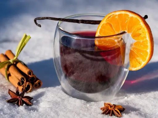 Grzane wino z pomarańczą, laską wanilii, cynamonem i anyżem na śniegu.