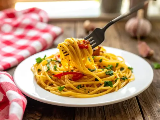 Un piatto di spaghetti alla carrettiera fumanti, conditi con pomodoro, aglio e prezzemolo, pronti per essere gustati.