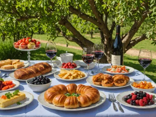 Un festin en plein air : pain, fruits, tartes et vin rouge, une véritable spécialité du Luberon sous les arbres.
