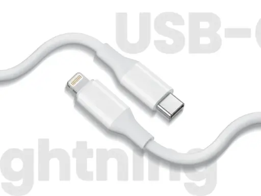 Biały kabel z dwoma różnymi rodzajami złącz: Lightning i USB-C.