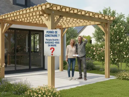 Un couple perplexe devant un panneau "Permis de construire ? Pergola Ouverte : Renseignez-vous en mairie". Le plan de masse de la pergola est visible.