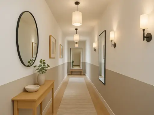 Éclairage couloir long et étroit avec appliques murales et suspensions cylindriques. Miroirs et tableaux décorent les murs.