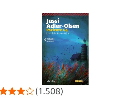 Copertina del libro "Paziente 64" di Jussi Adler-Olsen, con un faro e uccelli su uno sfondo blu scuro.