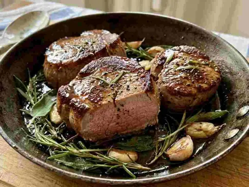 Tre succulenti medaglioni di filetto di maiale cotti in padella con aglio, rosmarino e salvia.