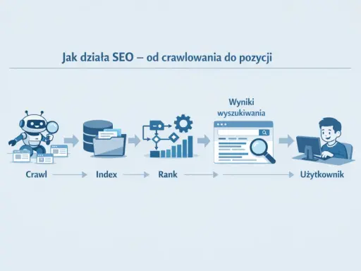 Schemat działania SEO: robot indeksuje strony (Crawl), tworzy bazę danych (Index), ustala ranking (Rank), by użytkownik znalazł wyniki wyszukiwania i osiągnął dobrą pozycję.