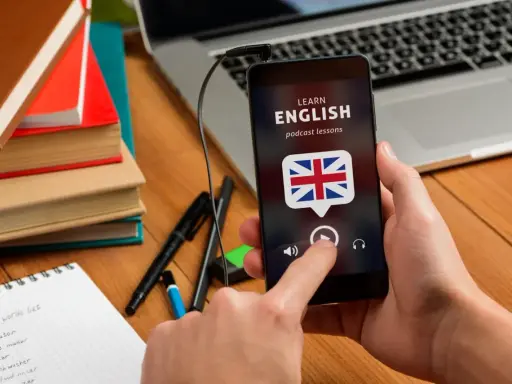 Ręka trzyma smartfon z aplikacją do nauki angielskiego. Na biurku leżą książki i notatnik z nowymi słówkami.