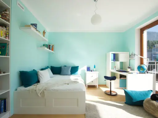 Habitación juvenil con paredes en colores combinar verde menta y azul turquesa en cojines y accesorios.
