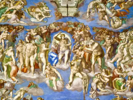 Michelangelo's Last Judgment fresco: Christ presides over the resurrected souls ascending to heaven and descending to hell.