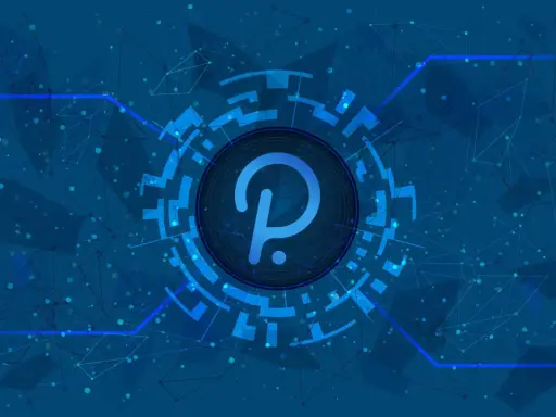 Centralny symbol polkadot crypto otoczony siecią połączeń, symbolizujący zdecentralizowaną przyszłość.