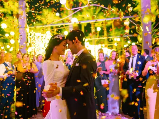 Novios bailando bajo confeti dorado. Invitados sonríen y celebran. ¡Ideas para bodas divertidas!