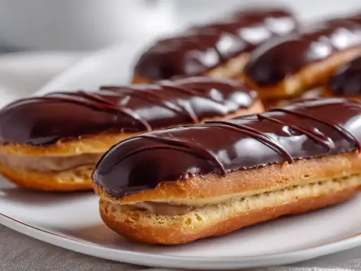 Des éclairs au chocolat, parfaits pour une recette gourmande. La crème pâtissière est généreuse, le glaçage brillant et les lignes de chocolat noir ajoutent une touche d'élégance.